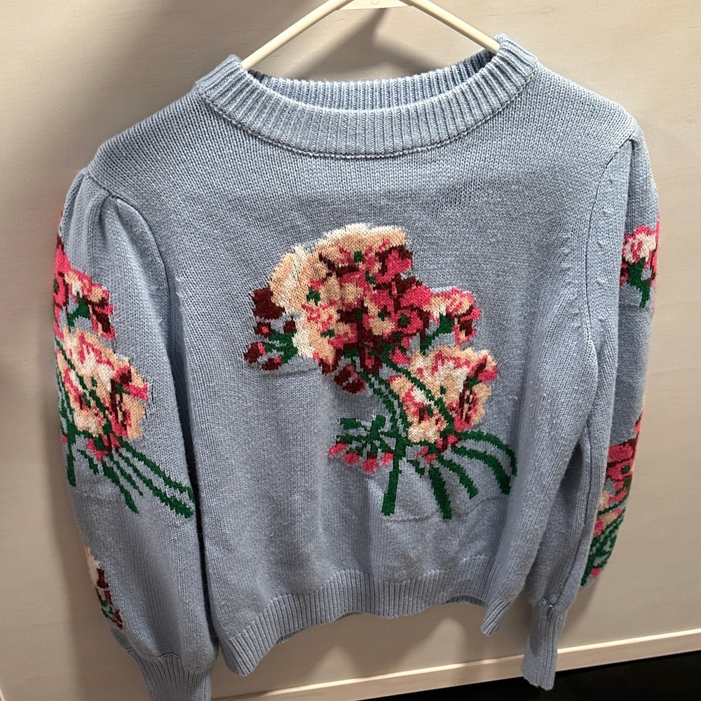 Floral Patterned Crew Neck Sweater - Light Blue